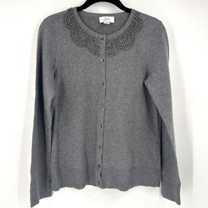 Loft Ann Taylor Women's Beaded‎ Studded Crew Neck Cardigan Sweater Gray Small
